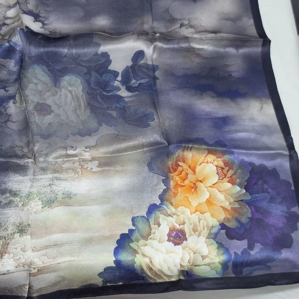 PoeticEHome Mulberry Silk Square Scarf Women Bandana Purple Flower Handbag Decor